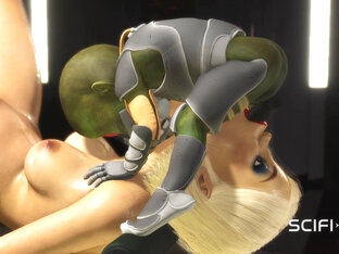 Hot sex with alien. A sexy blonde has crazy fuck with a green alien in a spaceship
