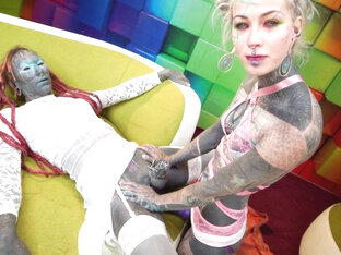 Tattoo Trans Sissy Get Anal Fucked With Strap-On, Alternative Femdom With Dick Cage