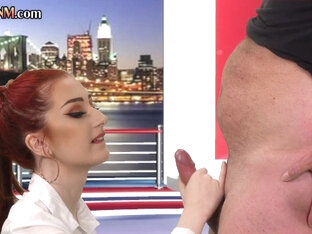 CFNM redhead British babe sucks cock in live TV show
